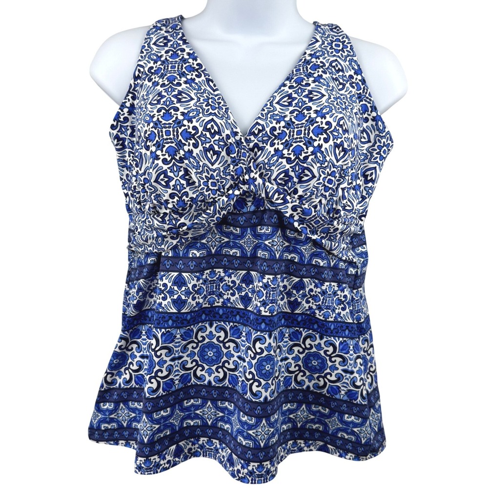 Lands' End Tankini Top Womens 12 Blue White Medallion Tile Twist Front - Picture 3 of 11